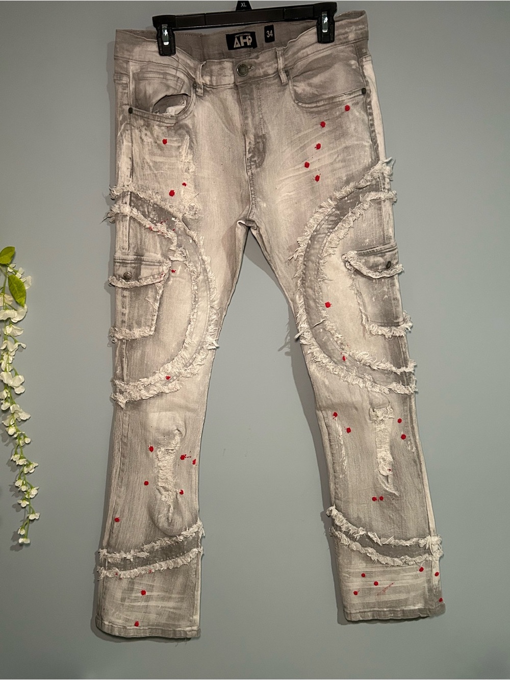 Men’s Skinny Distressed Gray Jeans with Red Paint Details
